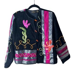 Allure Petite Jacket PM‎ Black Rayon Artsy Colorful Embroidered Abstract